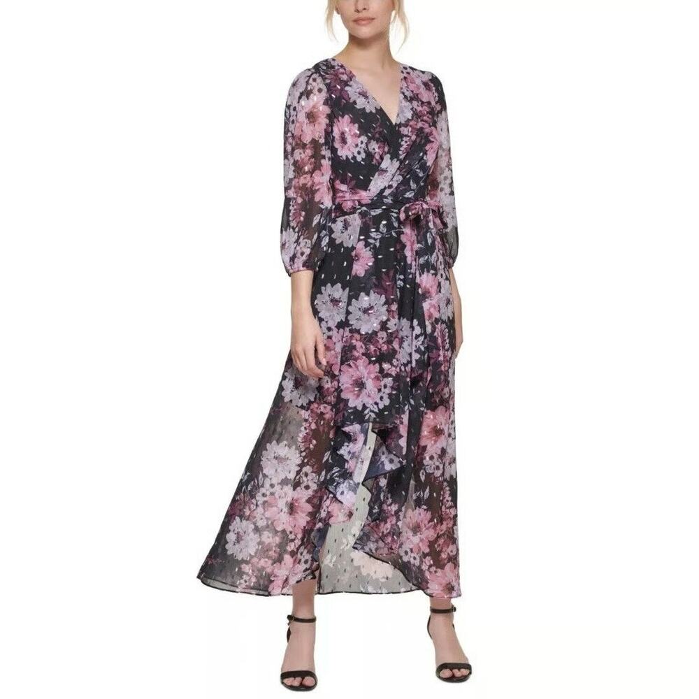 Eliza J Metallic Floral Maxi Dress Black Purple Waist Tie Long Sleeve Sz 10